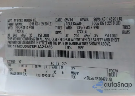 2015 Ford Escape Se из США, поврежденный, VIN 1FMCU0G78FUA21356